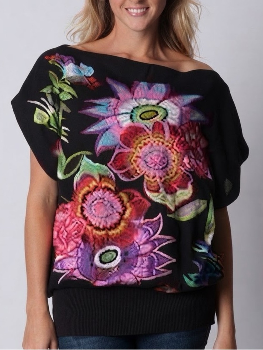 Desigual| Black Bat Sleeve Vibrant Floral Abstract Print Boat Neck Top Sz S